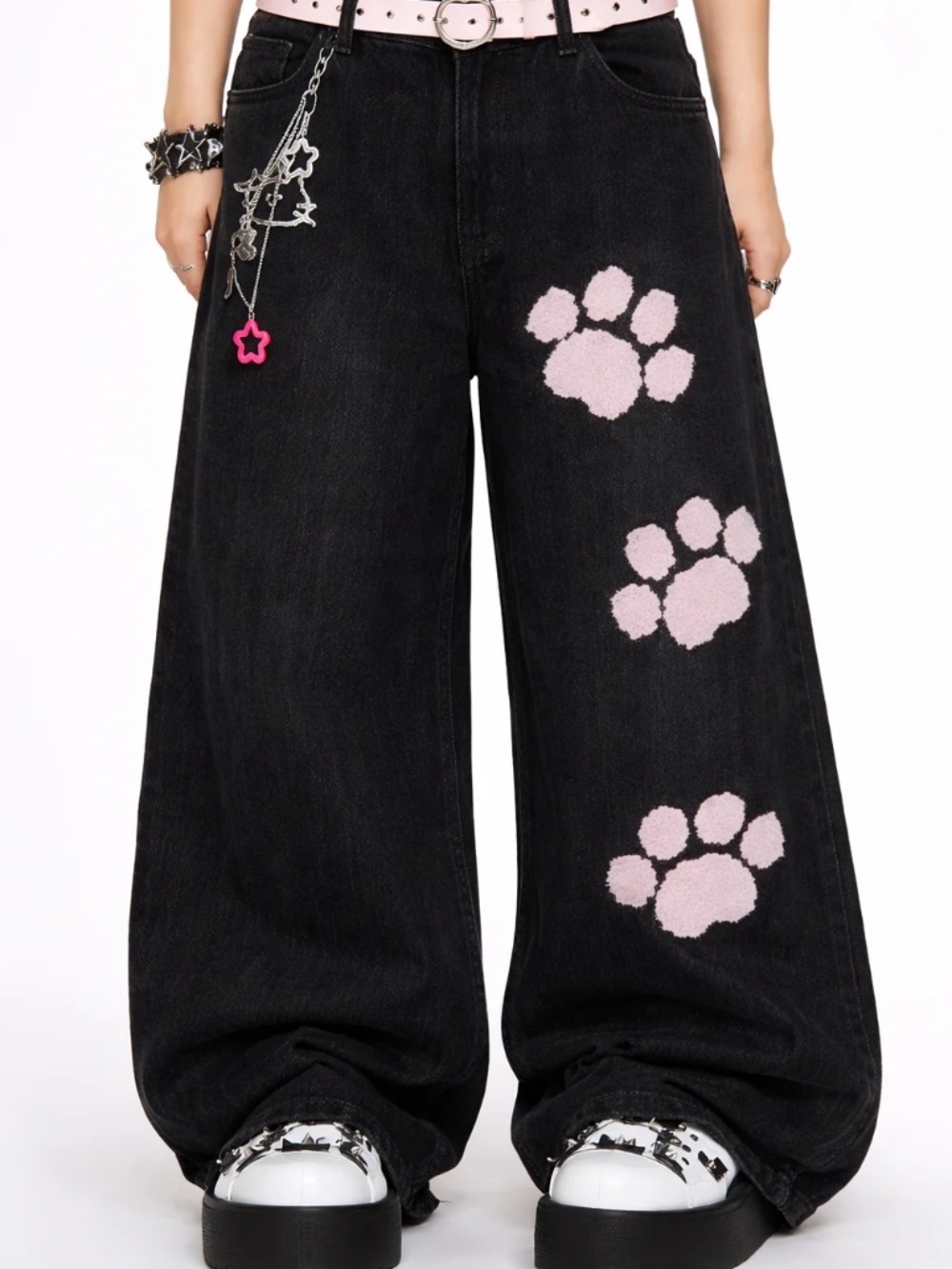 Cherry Paw Y2K Black Baggy Wide Leg Jeans Size M